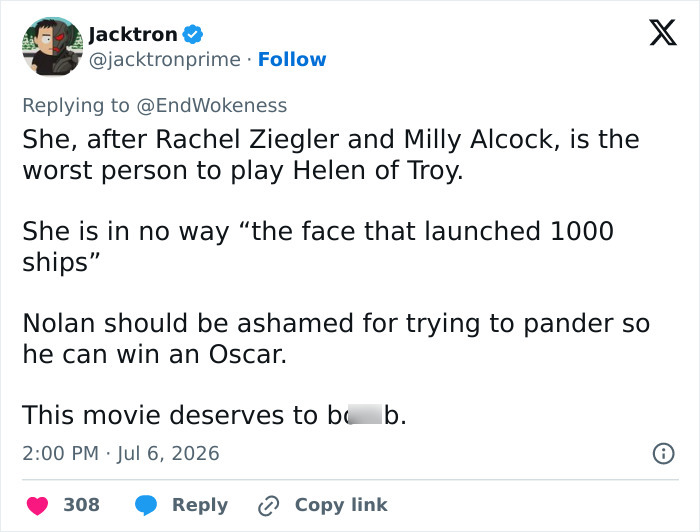 Screenshot of a tweet by Jacktron roasting Lupita Nyong'o as the worst Helen of Troy, criticizing the 'woke' casting.