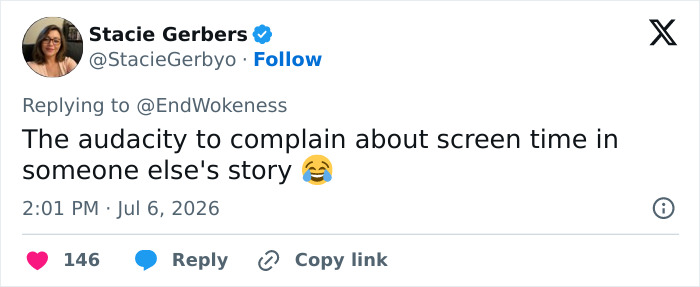 Screenshot of a tweet from Stacie Gerbers about the 'Odyssey' star and the woke question she'd ask Homer.