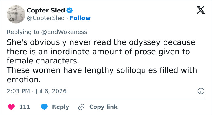 Screenshot of a tweet by Copter Sled roasting Lupita Nyong'o, stating she hasn't read the Odyssey.