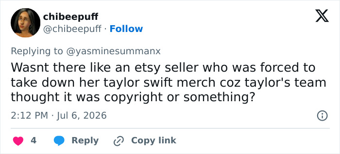 Screenshot of a tweet from chibeepuff, about Taylor Swift fans disappointment with the singer's copyright actions. Screenshot of a tweet from chibeepuff, about Taylor Swift fans disappointment with the singer's copyright actions.