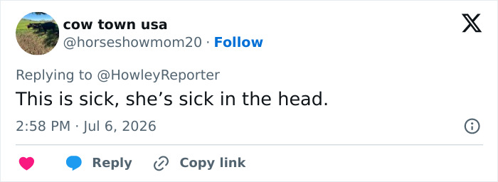 Tweet by cow town usa reacting to Karoline Leavitt's marriage, stating, 'This is sick, she's sick in the head,' about the age gap.
