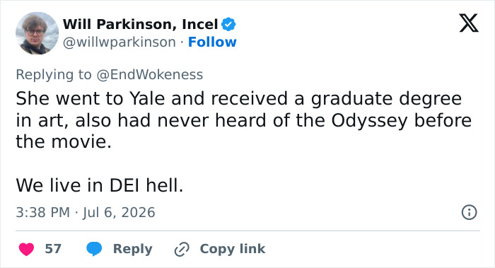 Screenshot of a tweet by Will Parkinson, Incel roasting Lupita Nyong'o for not knowing the Odyssey despite her background.