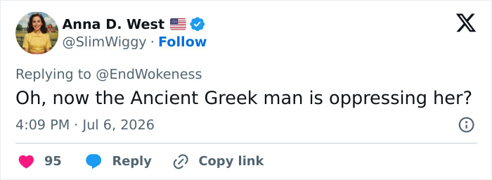Screenshot of a tweet from Anna D. West about the 'Odyssey' star and the woke question she'd ask Homer.