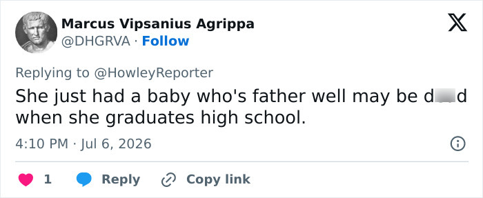 Screenshot of a viral post from Marcus Vipsanius Agrippa about Karoline Leavitt's marriage and age gap.