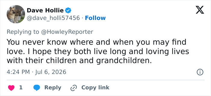 A Twitter post from Dave Hollie wishing Karoline Leavitt a long and loving marriage despite age gap scrutiny.