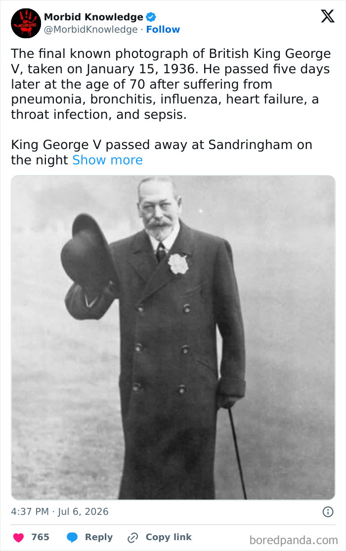 Morbid and sad stories: A historical black and white photo of British King George V holding his hat and a cane.