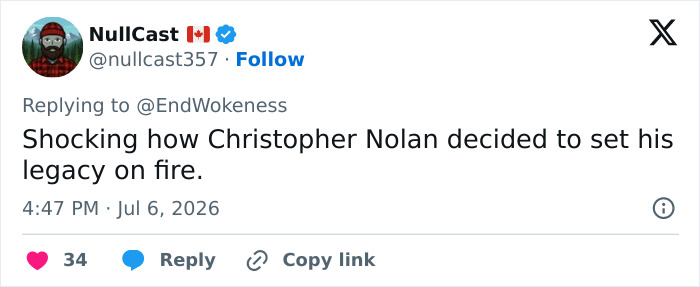 A tweet from NullCast Canada discussing Christopher Nolan's legacy and the Odyssey's woke question controversy.