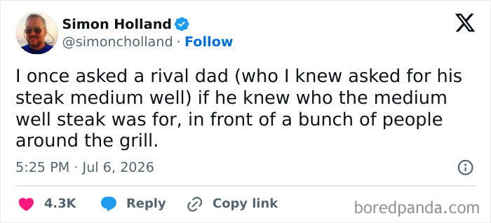A meme about raising kids, displaying a tweet from Simon Holland about asking a rival dad a grilling question.