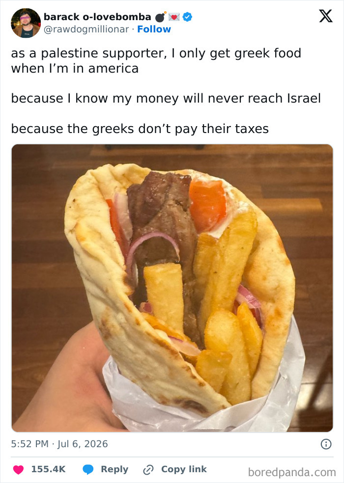 A close-up of a delicious-looking gyro, a random meme featuring a tweet about Greek food and politics.