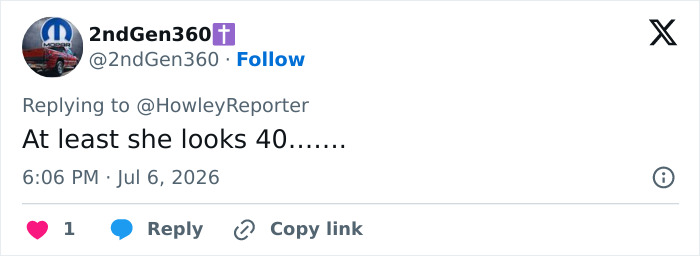 A tweet from 2ndGen360 discussing Karoline Leavitt's marriage, saying, At least she looks 40......