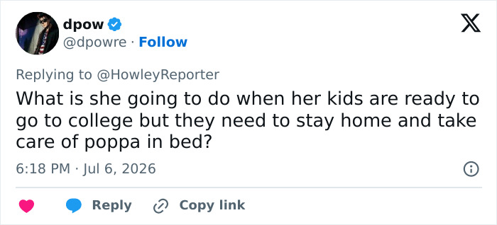 A tweet about Karoline Leavitt's marriage, raising questions about the age gap and future responsibilities.