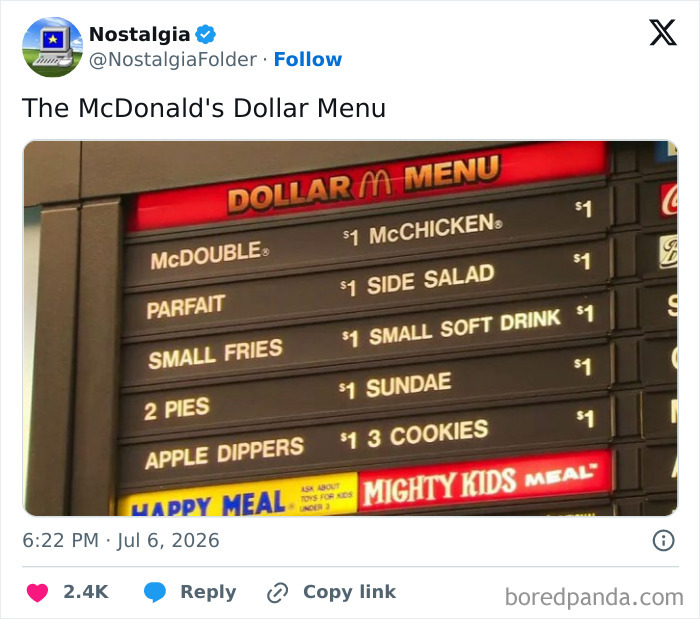 A McDonald's Dollar Menu board showing menu items like McDouble, McChicken, and Small Fries, a nostalgic image.