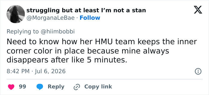 Screenshot of a tweet inquiring about the lasting power of Zendaya's inner corner color. Screenshot of a tweet inquiring about the lasting power of Zendaya's inner corner color.