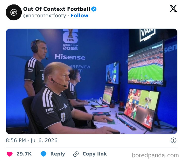 A World Cup 2026 meme featuring Donald Trump as a FIFA referee reviewing a play on multiple screens.