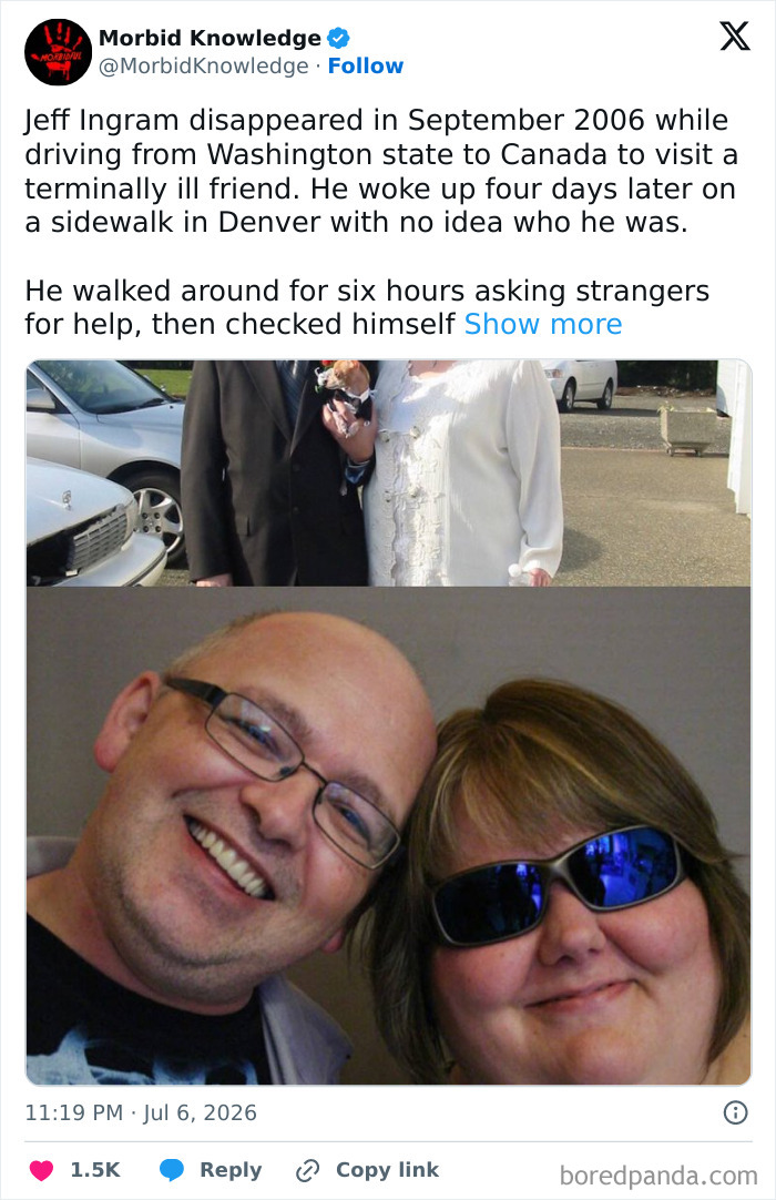 Morbid and sad stories: Jeff Ingram smiling with a woman, and a glimpse of a wedding scene above them.