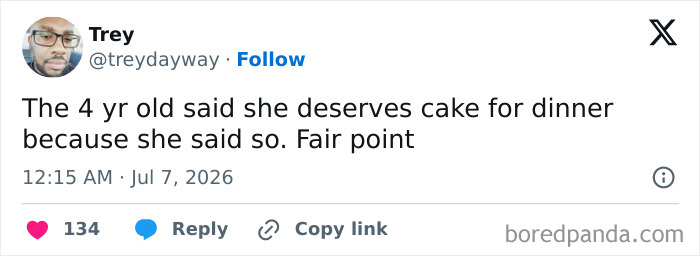 A meme about raising kids, showing a tweet from Trey about his 4-year-old asking for cake for dinner.