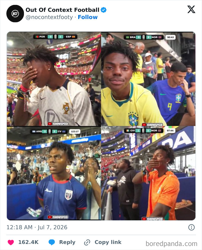 A multi-panel World Cup 2026 meme with streamer ISHOWSPEED reacting to different game outcomes, capturing chaos.