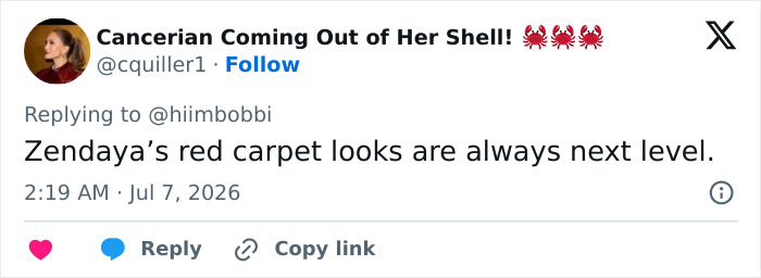 Screenshot of a tweet from @cquiller1 discussing Zendaya's red carpet looks being next level. Screenshot of a tweet from @cquiller1 discussing Zendaya's red carpet looks being next level.
