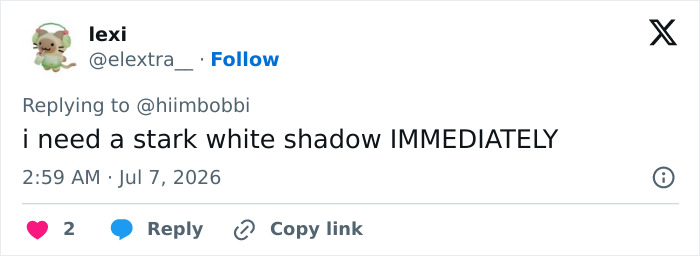 A tweet by lexi about Zendaya's look, specifically wanting a stark white shadow after seeing the detail. A tweet by lexi about Zendaya's look, specifically wanting a stark white shadow after seeing the detail.
