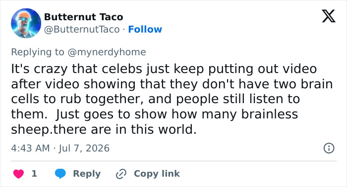 A tweet by Butternut Taco roasting Lupita Nyong'o, criticizing celebrities and their 'woke' questions.