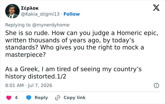 Tweet from Kakia_stigmi13 about Lupita Nyong'o being roasted for her woke question about Homer's Odyssey.