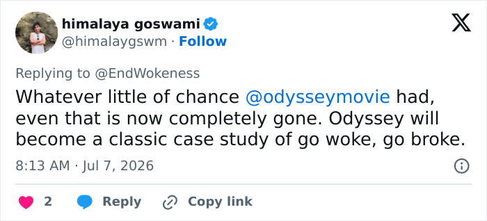 Screenshot of a tweet from himalaya goswami about the 'Odyssey' star and the woke question she'd ask Homer.