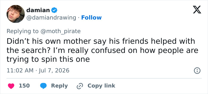 Tweet questioning the narrative around Nolan Wells' body found, referencing his mother's comments on friends. Tweet questioning the narrative around Nolan Wells' body found, referencing his mother's comments on friends.
