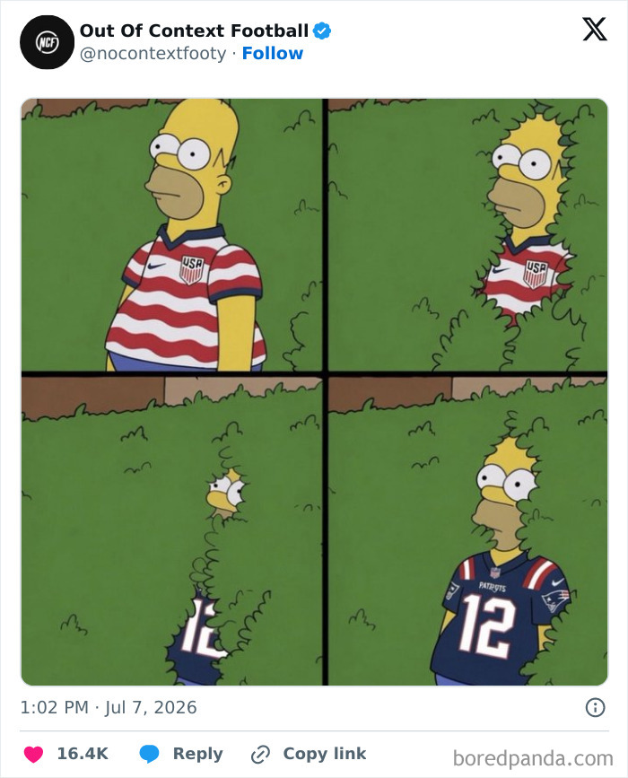 A World Cup 2026 meme of Homer Simpson emerging from bushes in a USA jersey, then a Patriots jersey, capturing chaos.
