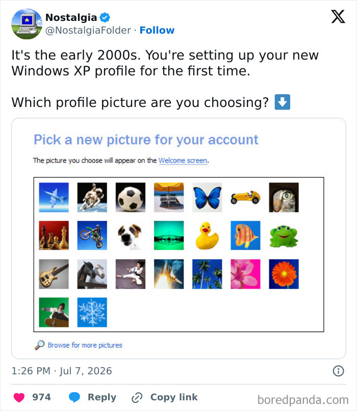 A grid of profile picture options for Windows XP from the nostalgia folder that might make you remember.