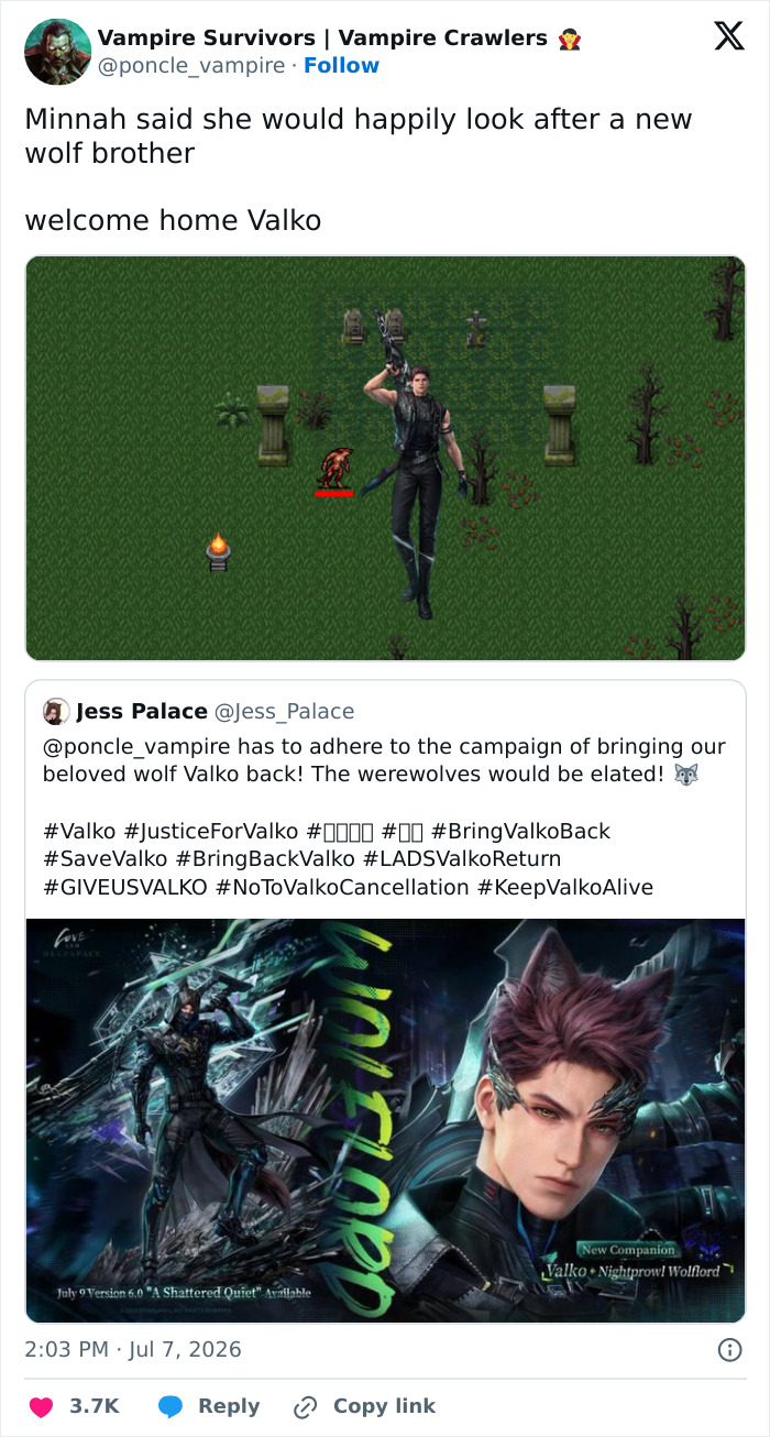 A social media post featuring Valko, the canceled Love and Deepspace love interest, in a game and a plea to bring him back. A social media post featuring Valko, the canceled Love and Deepspace love interest, in a game and a plea to bring him back.