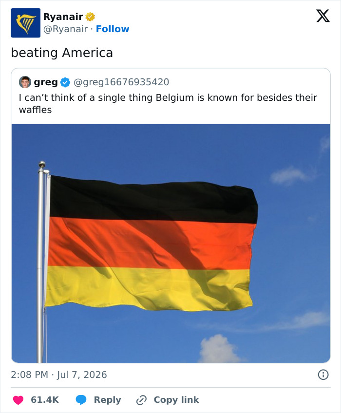 Screenshot of Ryanair tweet about USA World Cup elimination, mocking the USA with a Belgian flag. Screenshot of Ryanair tweet about USA World Cup elimination, mocking the USA with a Belgian flag.