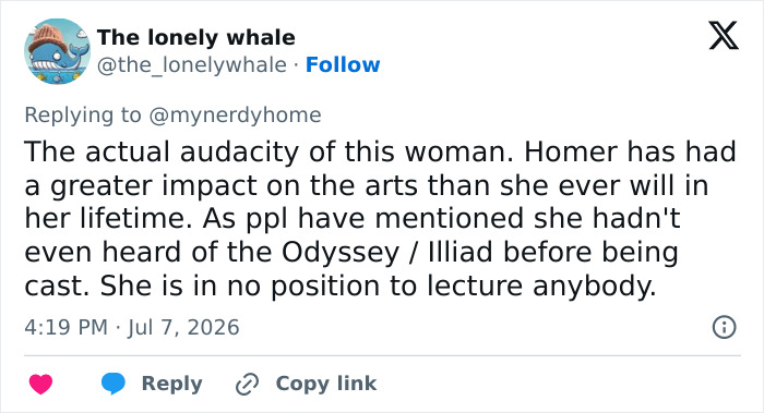 A tweet from The lonely whale roasting Lupita Nyong'o's woke question regarding Homer and the Odyssey.