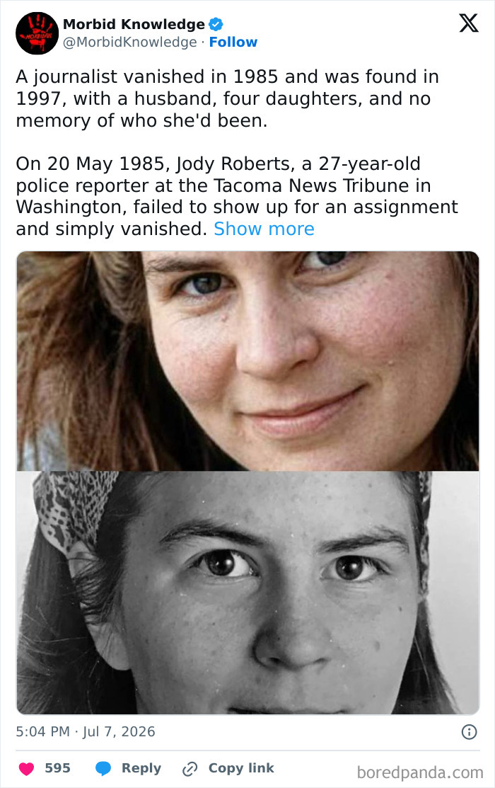 A split image showing a journalist who vanished in 1985 in color and black and white.