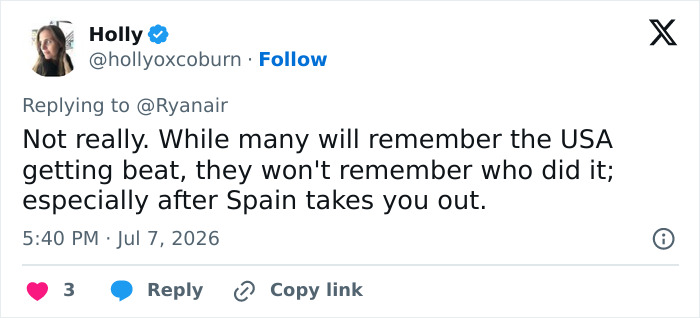 Screenshot of a tweet by Holly, refuting Ryanair's post on USA World Cup elimination, mentioning Spain. Screenshot of a tweet by Holly, refuting Ryanair's post on USA World Cup elimination, mentioning Spain.