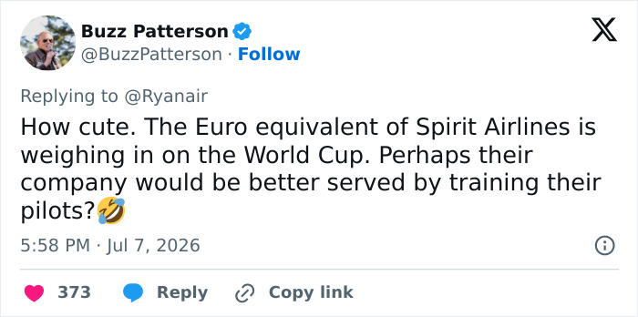 Screenshot of a tweet by Buzz Patterson mocking Ryanair after USA World Cup elimination, criticizing their involvement. Screenshot of a tweet by Buzz Patterson mocking Ryanair after USA World Cup elimination, criticizing their involvement.