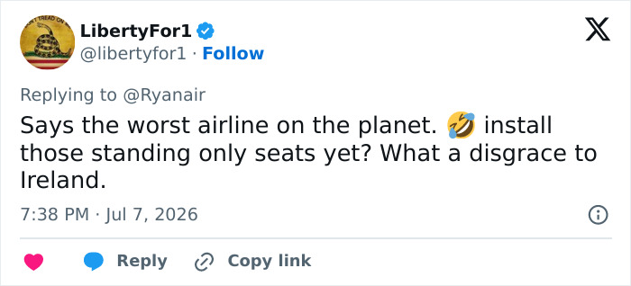 A tweet from LibertyFor1, replying to Ryanair, calling them the worst airline and a disgrace to Ireland after World Cup elimination. A tweet from LibertyFor1, replying to Ryanair, calling them the worst airline and a disgrace to Ireland after World Cup elimination.