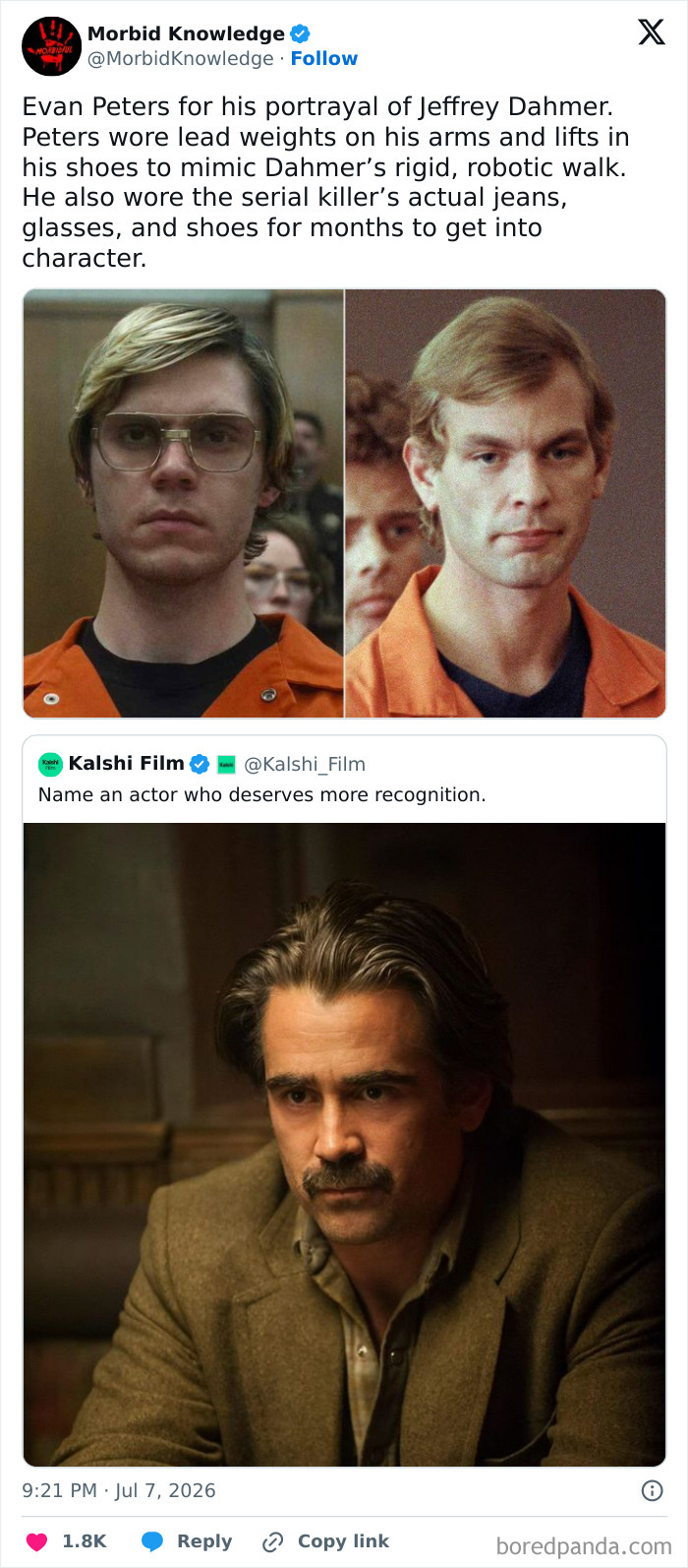 A split image of Evan Peters portraying Jeffrey Dahmer in two different looks from the show.