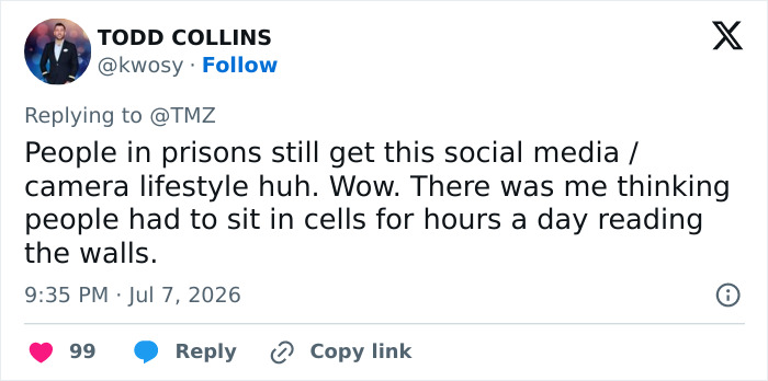 Todd Collins' tweet questioning prison conditions after Mackenzie Shirilla's prison selfie stirs controversy. Todd Collins' tweet questioning prison conditions after Mackenzie Shirilla's prison selfie stirs controversy.