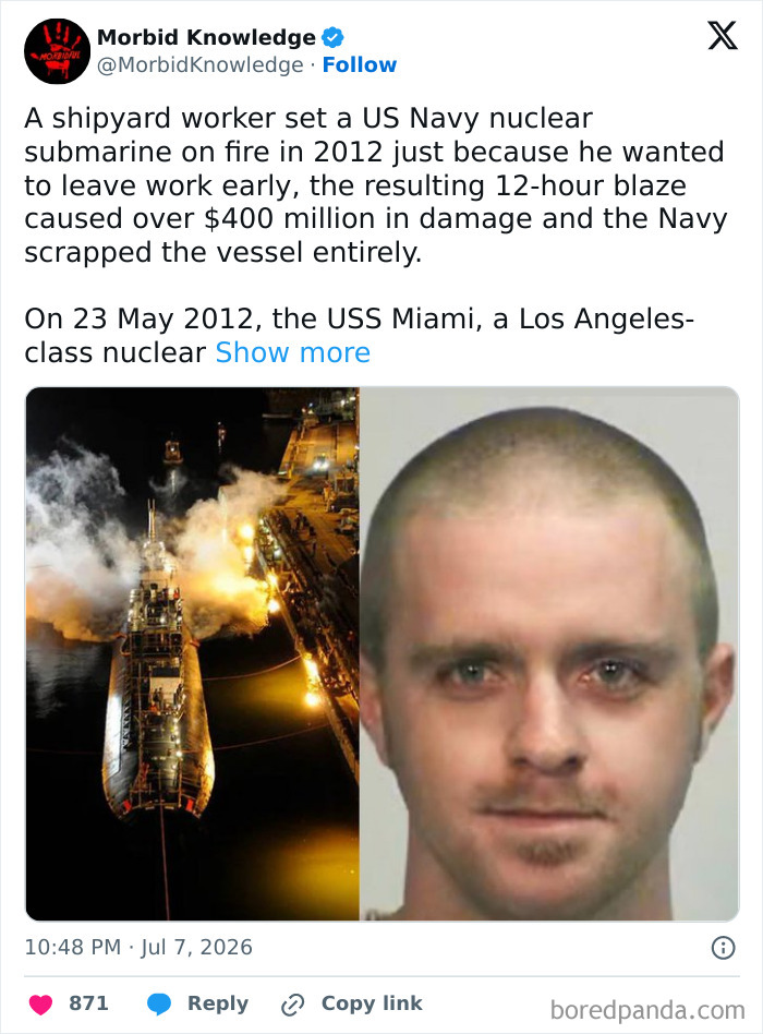 A split image shows a burning US Navy nuclear submarine on the left and a man's face on the right, depicting a morbid story.