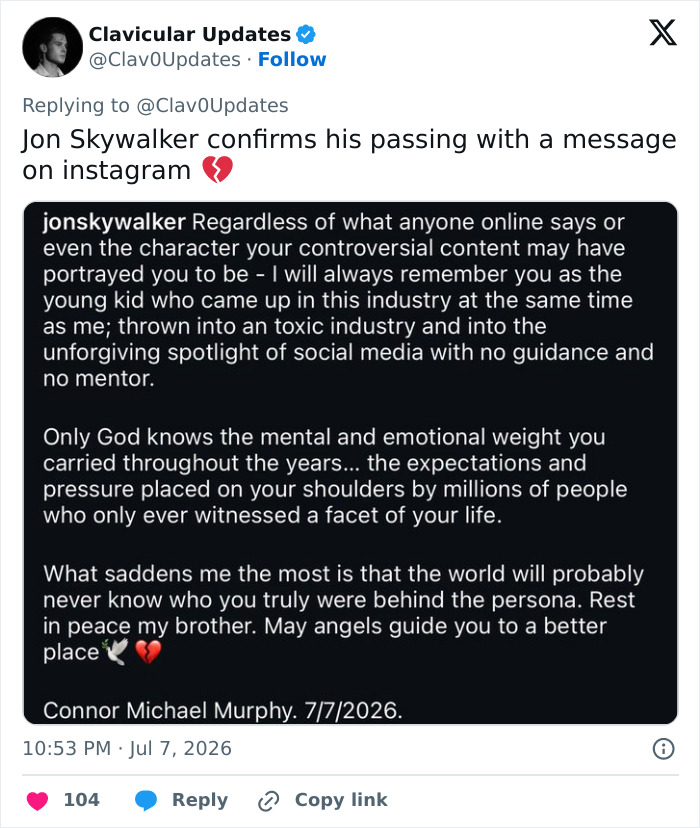 Screenshot of a tweet confirming the looksmaxxer's passing, Jon Skywalker's message about Connor Murphy.