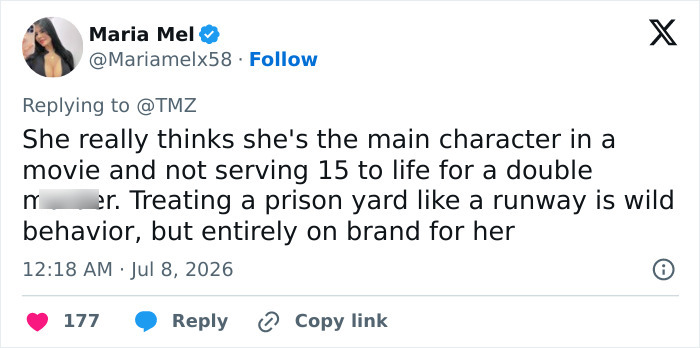 A tweet by Maria Mel from July 8, 2026, criticizing Mackenzie Shirilla's prison selfie for stirring controversy. A tweet by Maria Mel from July 8, 2026, criticizing Mackenzie Shirilla's prison selfie for stirring controversy.