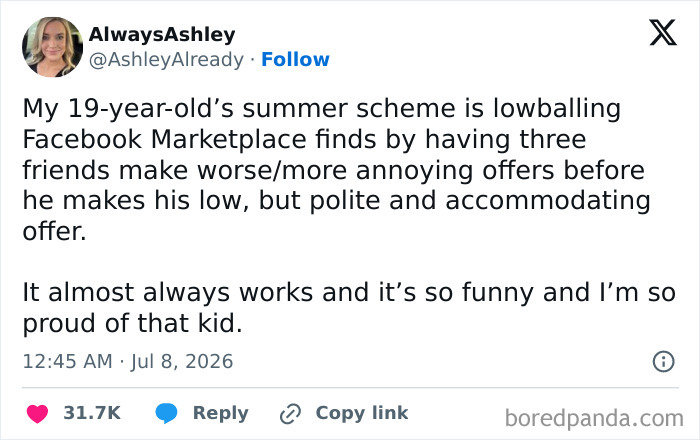 A meme about raising kids, showing a tweet from AlwaysAshley describing her 19-year-old's summer scheme.