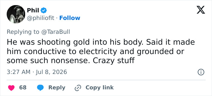 Screenshot of a tweet discussing the looksmaxxer's alleged actions, shooting gold into his body for conductivity.