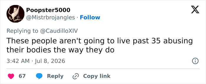 Screenshot of a tweet from Poopster5000 commenting on looksmaxxers' life expectancy.