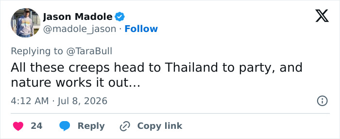Jason Madol's comment on looksmaxxer's bizarre incident, mentioning creeps in Thailand and nature's outcome.