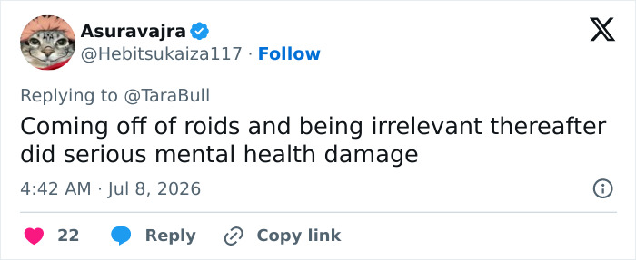 Screenshot of a tweet from Asuravajra linking looksmaxxer's mental health damage to roids.
