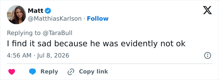 A tweet expressing sadness over a Looksmaxxer's bizarre incident, suggesting he was not okay.