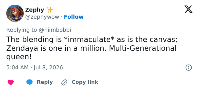 A tweet by Zephy praising Zendaya's immaculate blending and unique look, calling her a multi-generational queen. A tweet by Zephy praising Zendaya's immaculate blending and unique look, calling her a multi-generational queen.