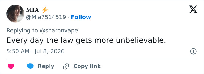 A social media post about Mackenzie Shirilla and a legal setback, stating, Every day the law gets more unbelievable. A social media post about Mackenzie Shirilla and a legal setback, stating, Every day the law gets more unbelievable.