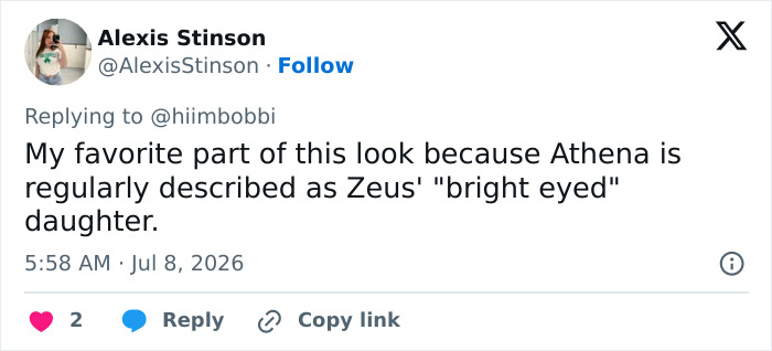 A tweet by Alexis Stinson appreciating Zendaya's latest look and a tiny detail, referencing Athena's bright eyes. A tweet by Alexis Stinson appreciating Zendaya's latest look and a tiny detail, referencing Athena's bright eyes.